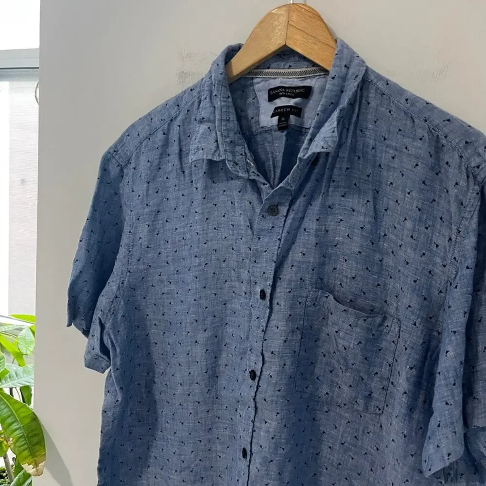 Banana Republic Men's Blue Linen Button Up Camden Fit Top Size XL